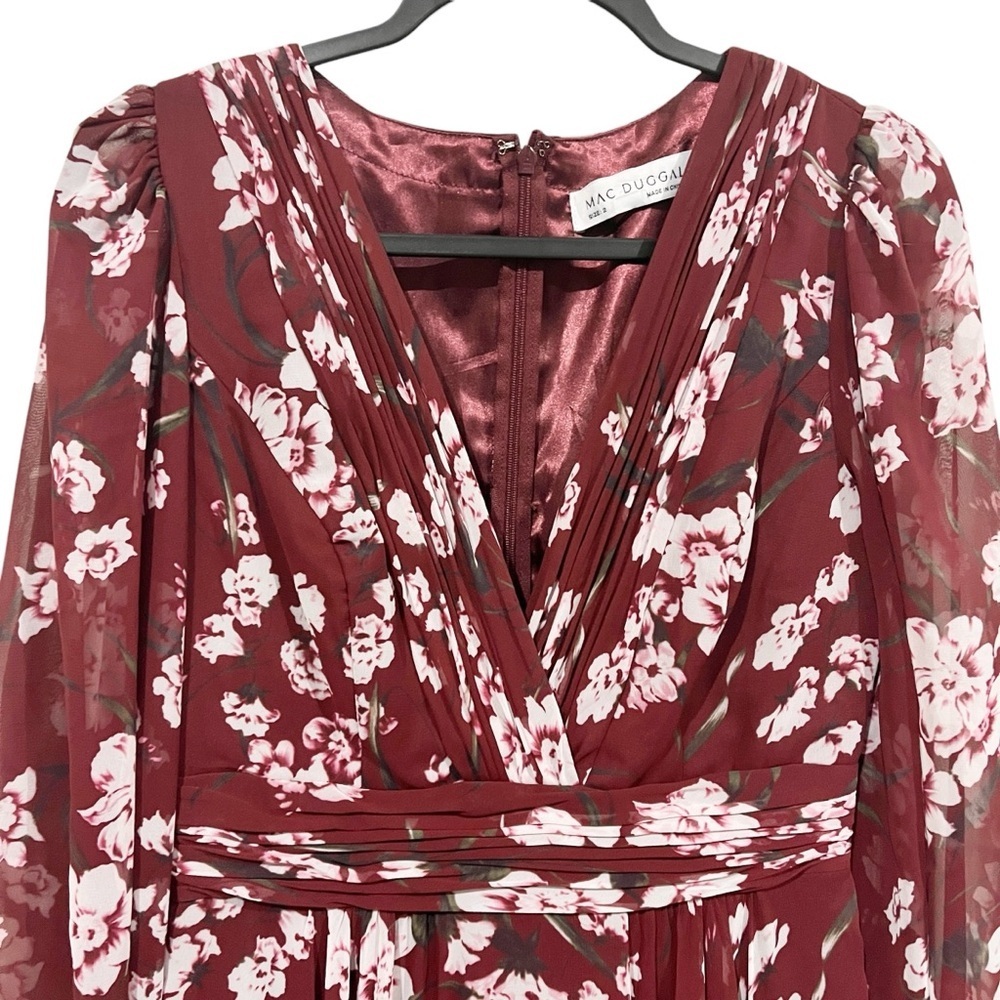 MacDuggal Floral Chiffon Formal Maxi Gown Dress 2 XS Dark Red Long Sleeve - Picture 4 of 9